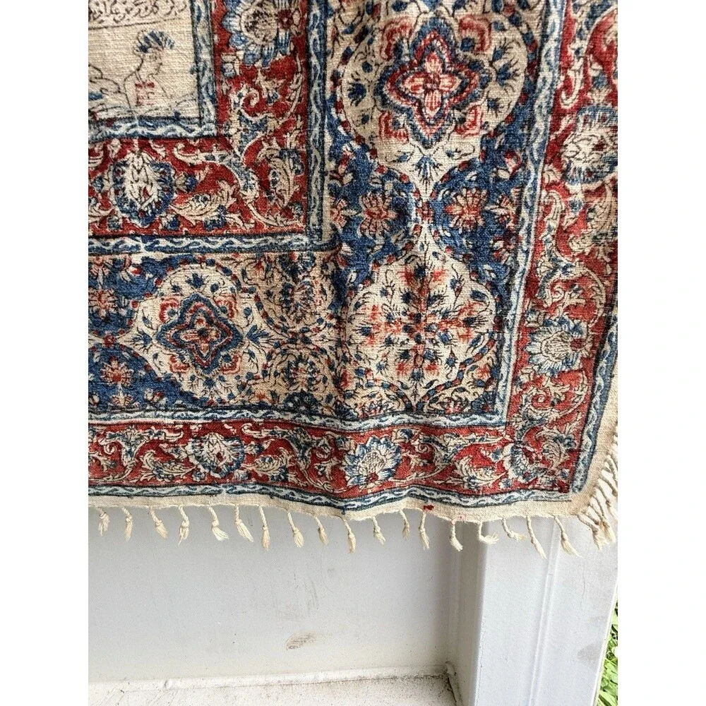 Antique Persian Fringed Cloth Tapestry Qajar Hunting & Polo Scene 52 X 52